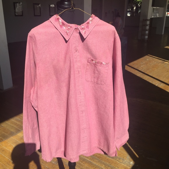Blair Tops - Salmon Pink 100% Cotton Long Sleeve Embroidered Button Down Shirt